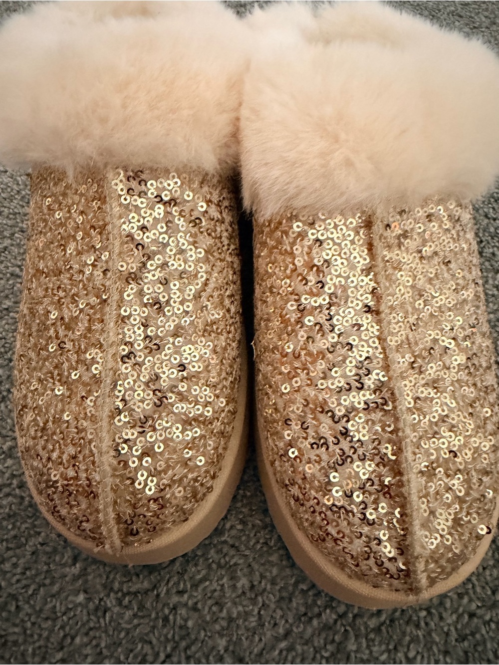 Sequin Faux Fur Cuff Cozy Slip-On Slippers - Gold